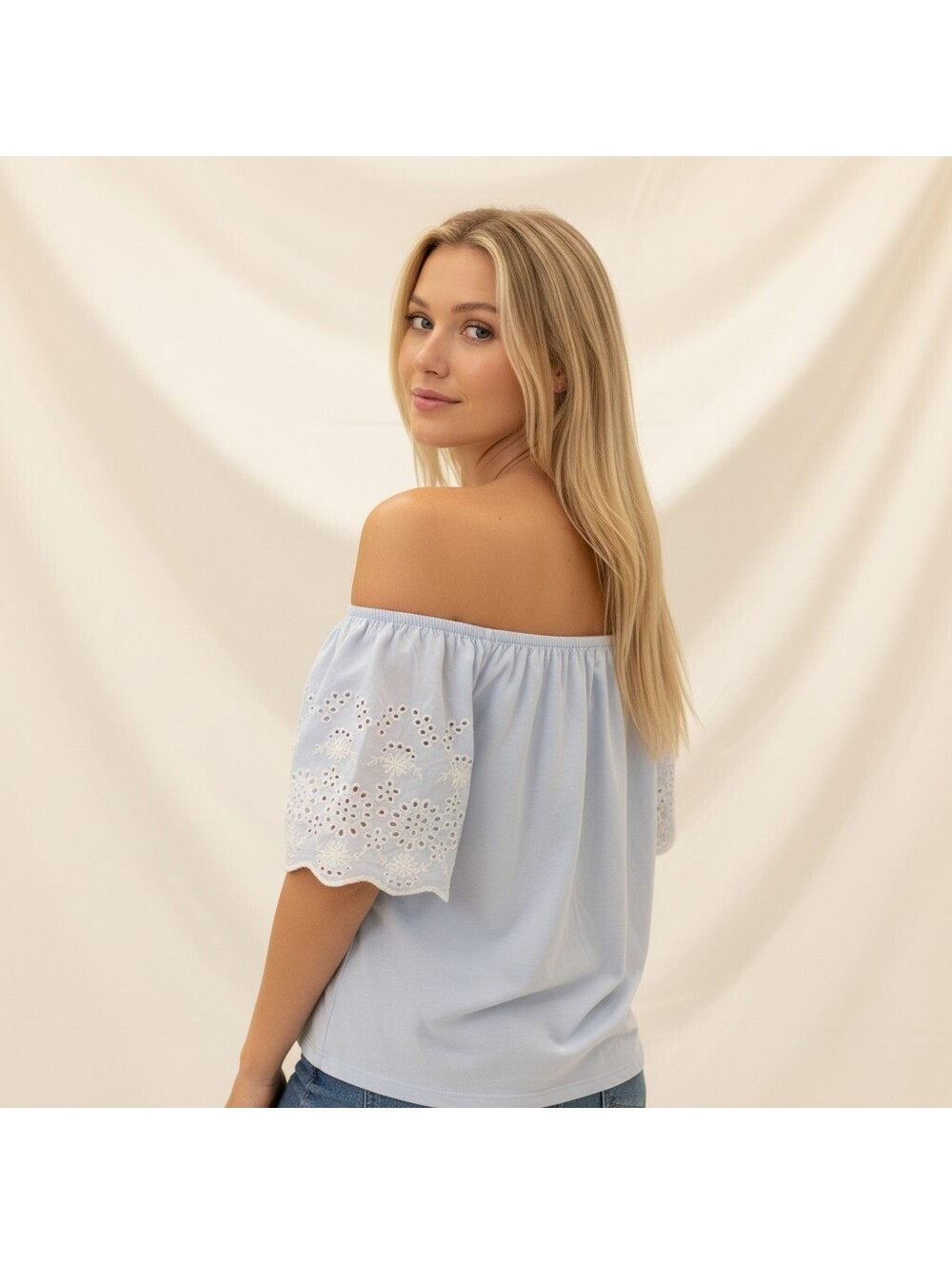 H&M Blouse Women XS Blue Embroidered Short Sleeve Cotton Casual Pullover Solid - Picture 2 of 9